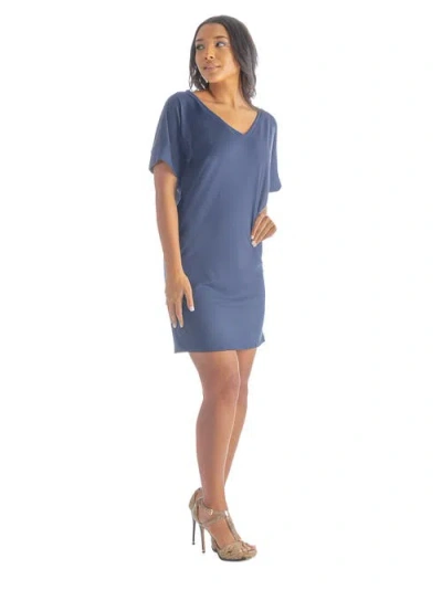 24seven Comfort Apparel Solid Color Loose Fit V Neck T Shirt Style Women's Knee Length Dress In Blue