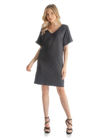 24seven Comfort Apparel Solid Color Loose Fit V Neck T Shirt Style Womens Knee Length Dress In Black