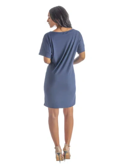 24seven Comfort Apparel Solid Color Loose Fit V Neck T Shirt Style Women's Knee Length Dress In Blue