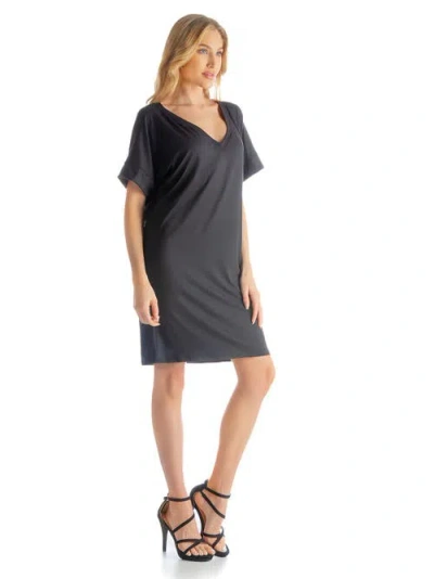 24seven Comfort Apparel Solid Color Loose Fit V Neck T Shirt Style Womens Knee Length Dress In Black