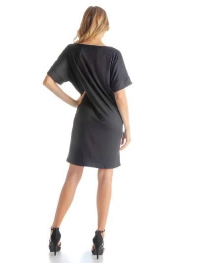 24seven Comfort Apparel Solid Color Loose Fit V Neck T Shirt Style Womens Knee Length Dress In Black
