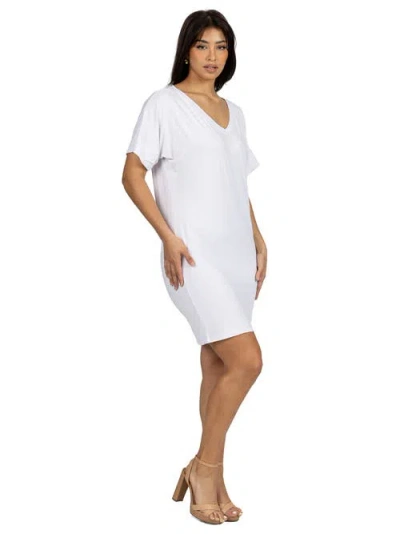 24seven Comfort Apparel Solid Color Loose Fit V-neck T Shirt Style Knee Length Dress In White