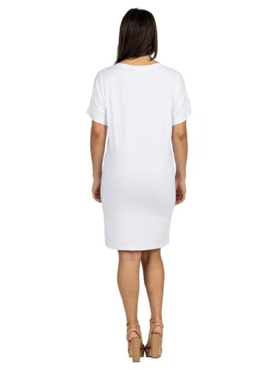 24seven Comfort Apparel Solid Color Loose Fit V-neck T Shirt Style Knee Length Dress In White
