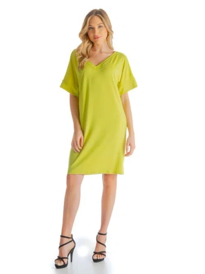 24seven Comfort Apparel Solid Color Loose Fit V-neck T Shirt Style Knee Length Dress In Yellow