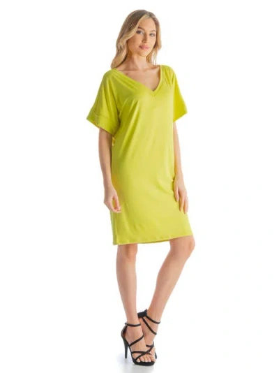 24seven Comfort Apparel Solid Color Loose Fit V-neck T Shirt Style Knee Length Dress In Yellow