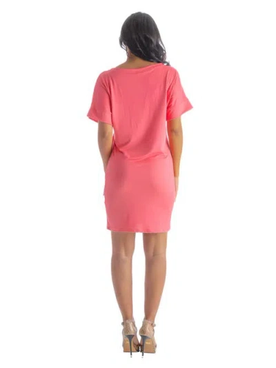 24seven Comfort Apparel Solid Color Loose Fit V-neck T Shirt Style Knee Length Dress In Pink