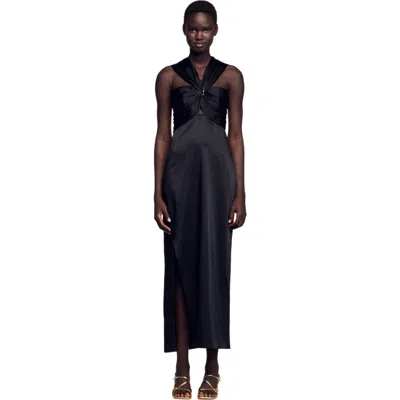 Sandro Slit Satin-effect Maxi Dress In Black