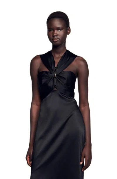Sandro Slit Satin-effect Maxi Dress In Black
