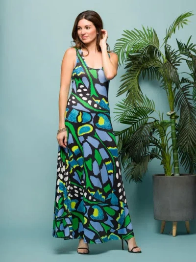 24seven Comfort Apparel Maternity Blue Butterfly Print Scoop Neck A-line Sleeveless Maxi Dress In Multi