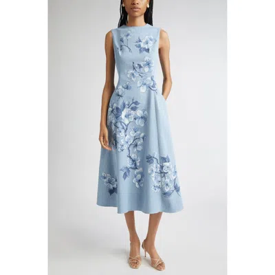 Oscar De La Renta Cherry Blossom Printed Denim Sleeveless Midi Dress