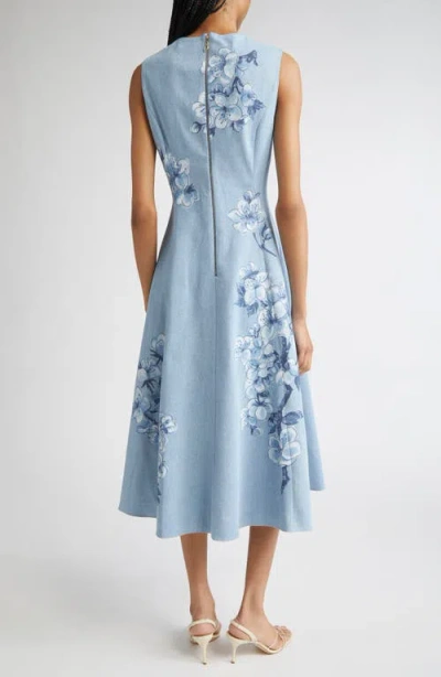 Oscar De La Renta Cherry Blossom Printed Denim Sleeveless Midi Dress