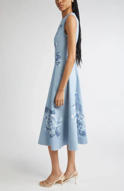 Oscar De La Renta Cherry Blossom Printed Denim Sleeveless Midi Dress