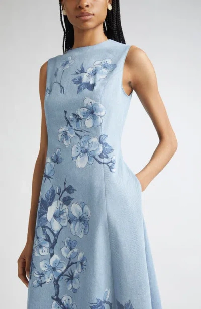 Oscar De La Renta Cherry Blossom Printed Denim Sleeveless Midi Dress