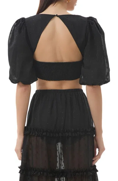 Afrm Emily Clip Dot Cutout Puff Sleeve Crop Top In Black