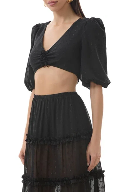Afrm Emily Clip Dot Cutout Puff Sleeve Crop Top In Black