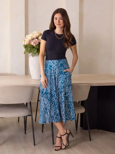 24seven Comfort Apparel Geometric Print Elastic Waist Pocket Midi Skirt In Blue