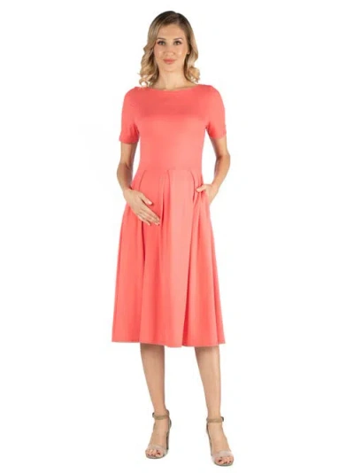 24seven Comfort Apparel Maternity Midi Dress With Short Sleeve And Pocket Detail In Pink