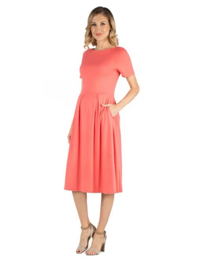 24seven Comfort Apparel Maternity Midi Dress With Short Sleeve And Pocket Detail In Pink