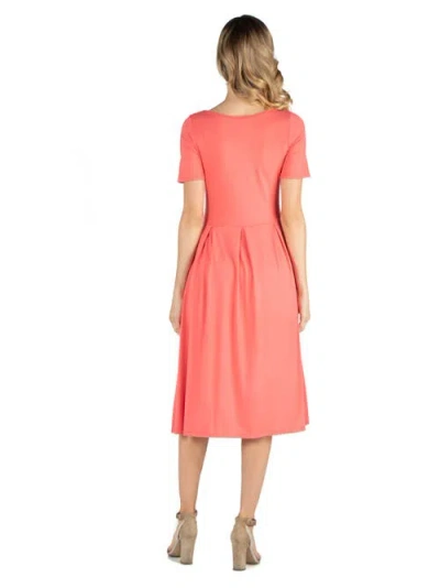 24seven Comfort Apparel Maternity Midi Dress With Short Sleeve And Pocket Detail In Pink