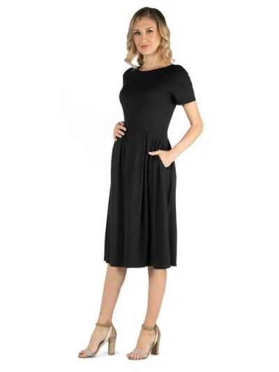 24seven Comfort Apparel Maternity Midi Dress With Short Sleeve And Pocket Detail In Black