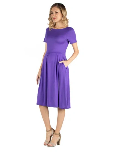 24seven Comfort Apparel Maternity Midi Dress With Short Sleeve And Pocket Detail In Purple