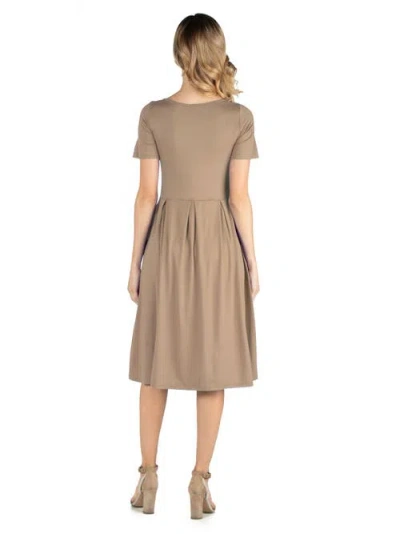 24seven Comfort Apparel Maternity Midi Dress With Short Sleeve And Pocket Detail In Brown