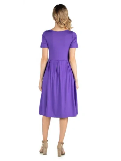 24seven Comfort Apparel Maternity Midi Dress With Short Sleeve And Pocket Detail In Purple