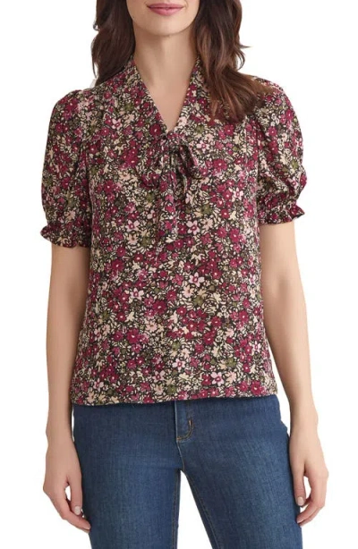 Jones New York Floral Tie Neck Puff Sleeve Top