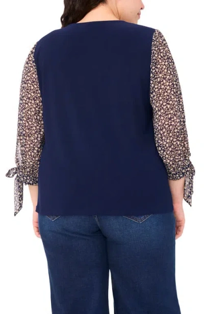Cece Tie Cuff Mixed Media Crepe Knit Top In Blue