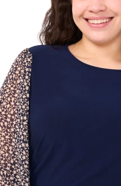 Cece Tie Cuff Mixed Media Crepe Knit Top In Blue