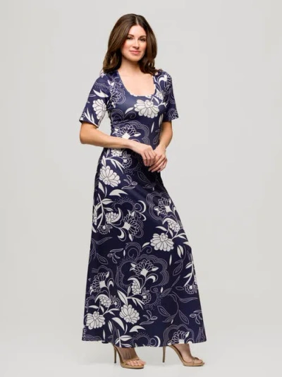 24seven Comfort Apparel Maternity Blue Floral Print Elbow Sleeve Casual A-line Maxi Dress In Multi