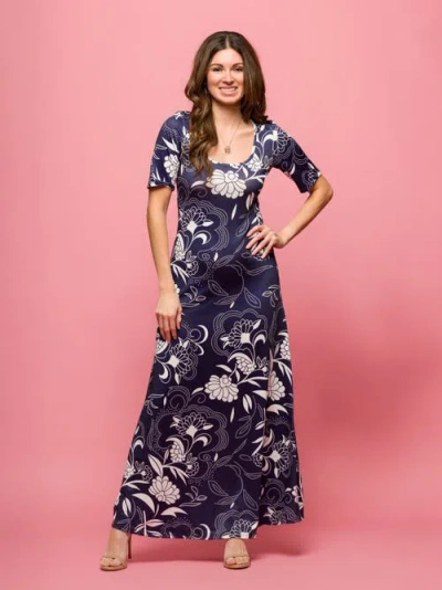 24seven Comfort Apparel Maternity Blue Floral Print Elbow Sleeve Casual A-line Maxi Dress In Multi