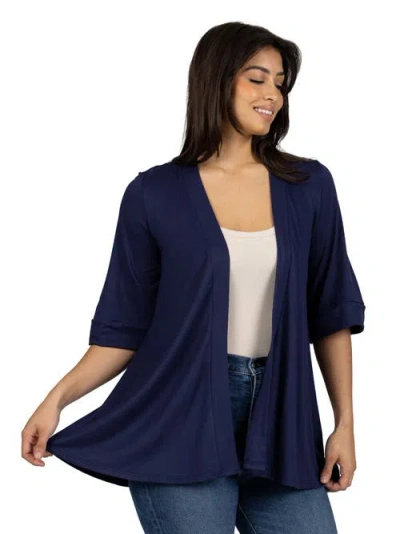 24seven Comfort Apparel Open Front Elbow Length Sleeve Cardigan In Blue