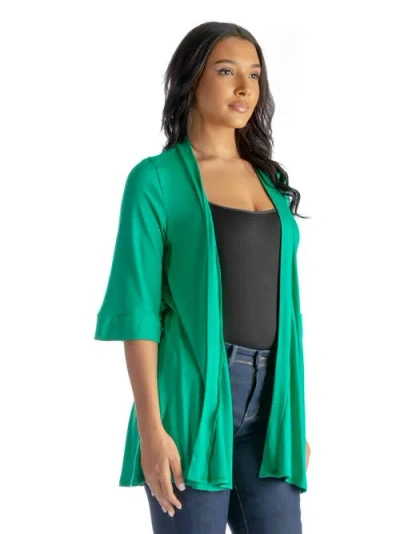 24seven Comfort Apparel Open Front Elbow Length Sleeve Cardigan In Green