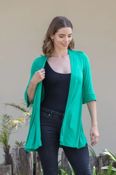 24seven Comfort Apparel Open Front Elbow Length Sleeve Cardigan In Green