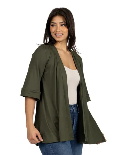 24seven Comfort Apparel Open Front Elbow Length Sleeve Cardigan In Green