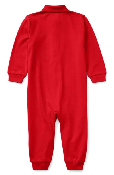 Ralph Lauren Solid Cotton Interlock Polo Romper In Red