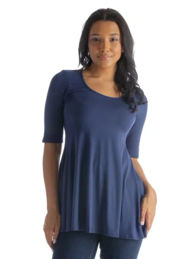 24seven Comfort Apparel Petite Elbow Sleeve Swing Crew Neck Tunic Top In Blue
