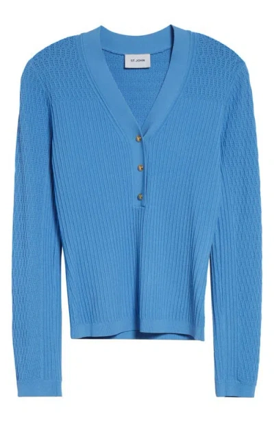 St John St. John Collection Mixed Stitch Fine Gauge Henley Sweater In Blue