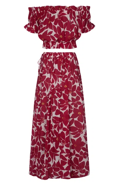 La Mandarine Women's Co-ord Set, Red & Cream Cotton Skirt & Top, Carmen Summer Co-ord Set