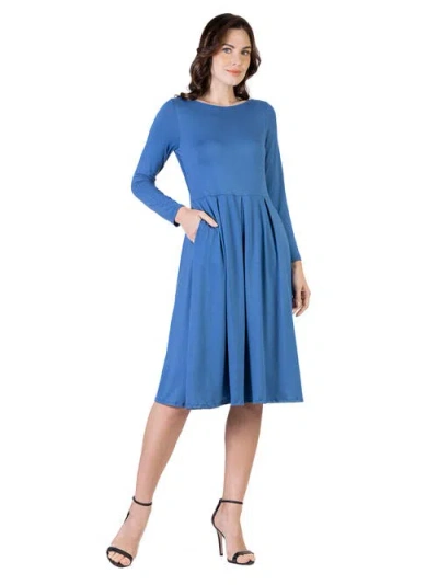 24seven Comfort Apparel Midi Length Fit N Flare Pocket Dress In Blue