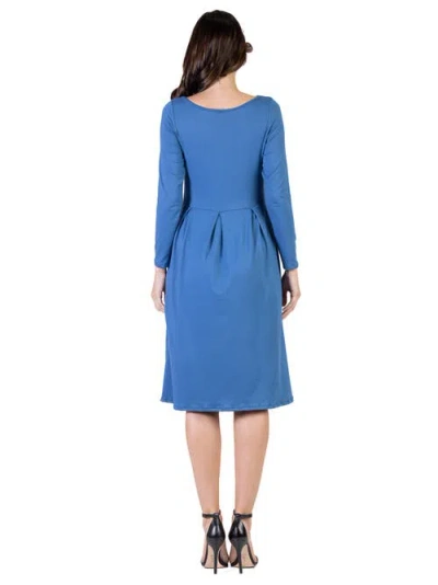 24seven Comfort Apparel Midi Length Fit N Flare Pocket Dress In Blue