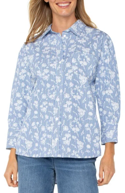 Liverpool Los Angeles Floral Stripe Cotton Poplin Button Up Shirt In Blue