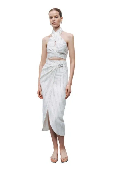 Nocturne Striped Linen Blend Midi Skirt With Metal Accessories In White