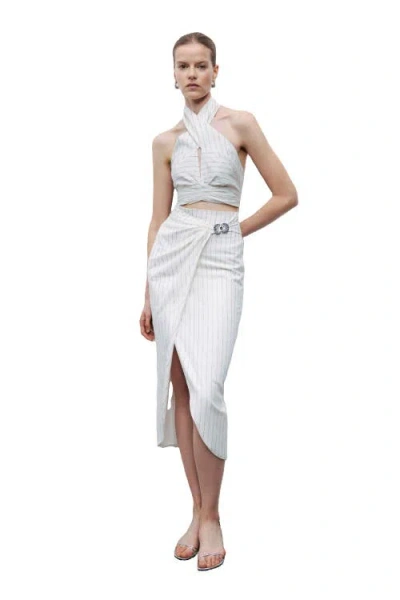 Nocturne Striped Linen Blend Midi Skirt With Metal Accessories In White