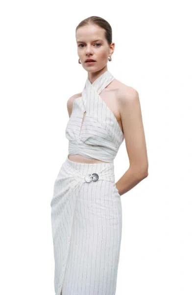 Nocturne Striped Linen Blend Midi Skirt With Metal Accessories In White