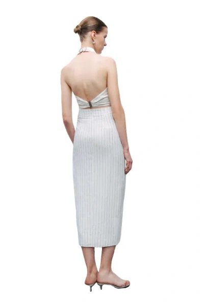Nocturne Striped Linen Blend Midi Skirt With Metal Accessories In White