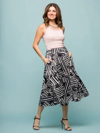 24seven Comfort Apparel Geometric Print Elastic Waist Pocket Midi Skirt In Black