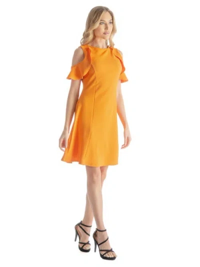24seven Comfort Apparel Ruffle Cold Shoulder A Line Knee Length Dress In Orange