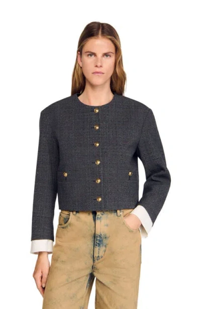 Sandro Rhinestone Tailored Jacket In Burgundy